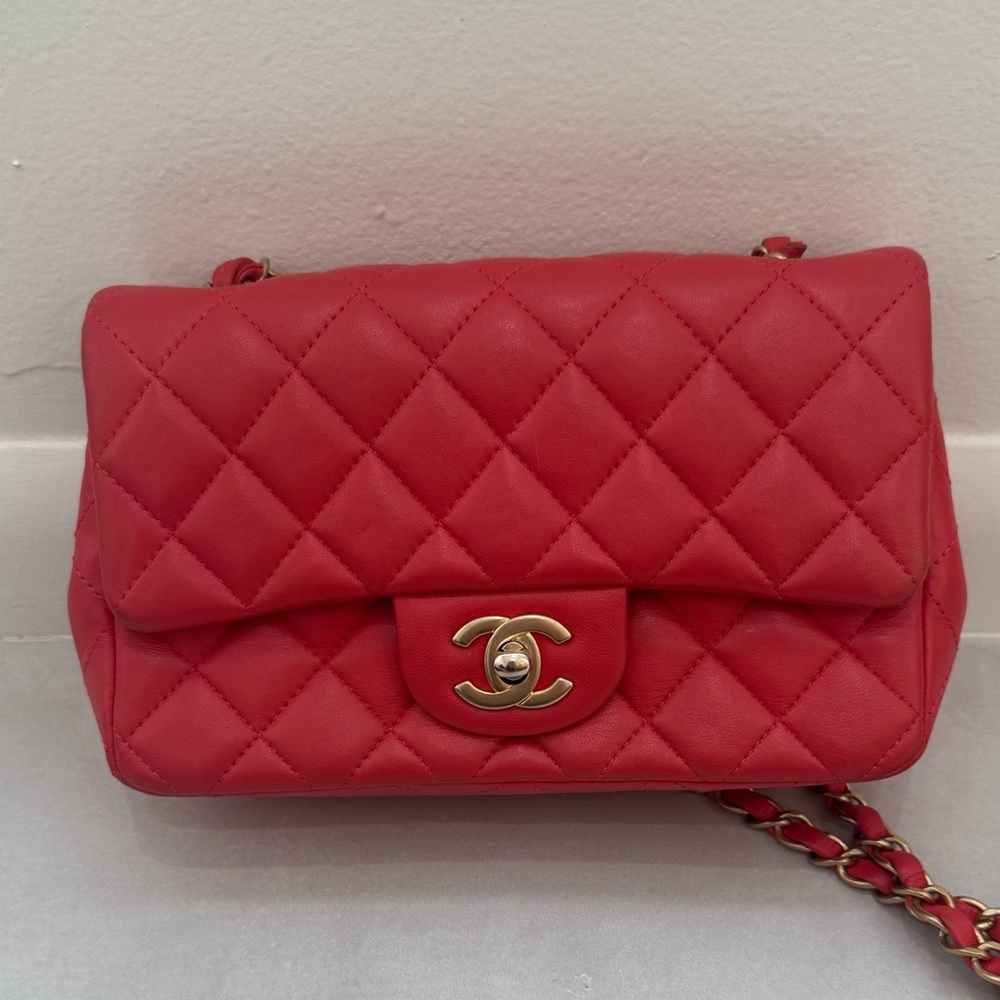 CHANEL Pink/ Red/ Salmon Lambskin Mini Rectangular Flap Bag